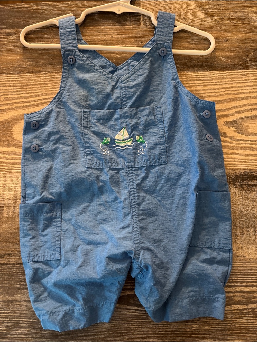 Vintage Blue Sailboat Embroidered Baby Overalls
